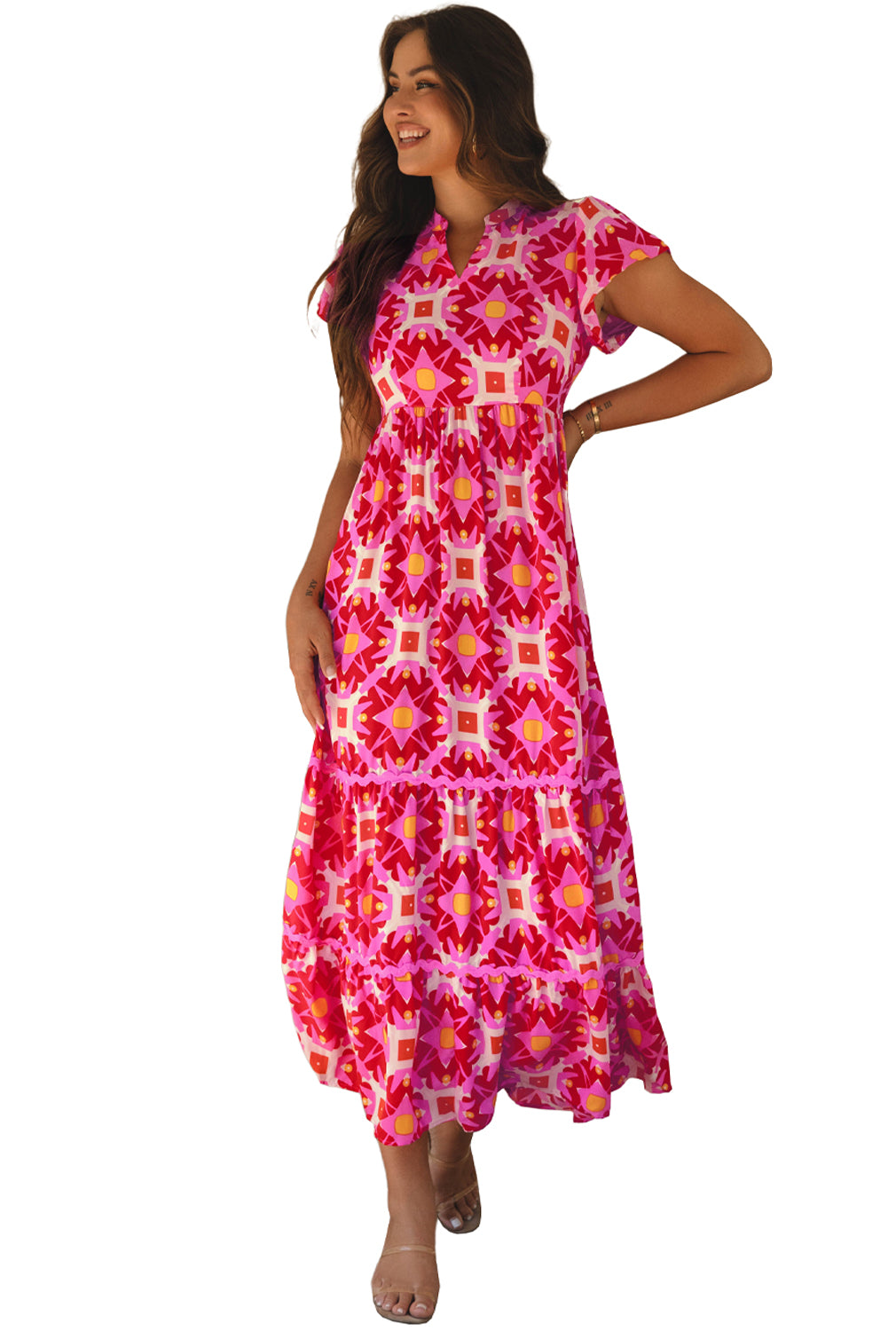 Blue Zone Planet | Strawberry Pink Geo Print V-neck Maxi Dress-TOPS / DRESSES-[Adult]-[Female]-2022 Online Blue Zone Planet