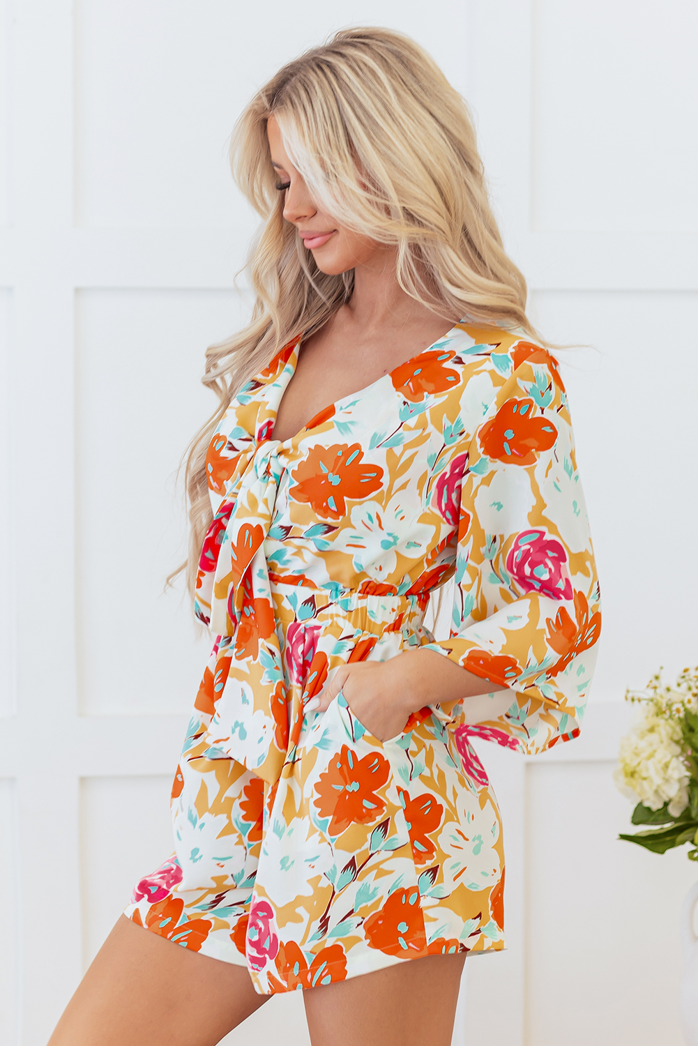 Blue Zone Planet | Orange Blooming Floral Print Front Tie Romper-Bottoms/Jumpsuits & Rompers-[Adult]-[Female]-2022 Online Blue Zone Planet