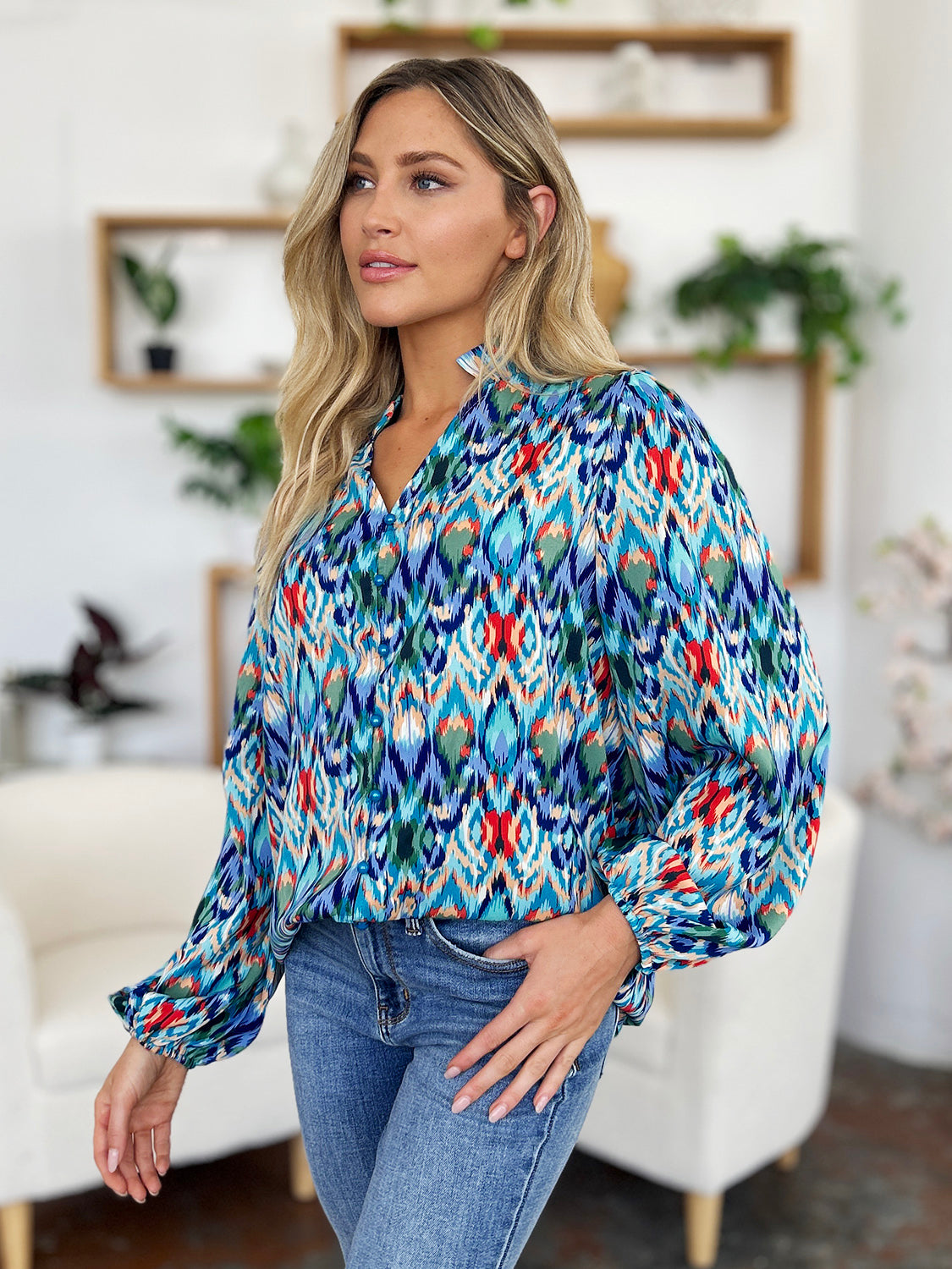 Blue Zone Planet | Double Take Full Size Printed Balloon Sleeve Blouse-TOPS / DRESSES-[Adult]-[Female]-2022 Online Blue Zone Planet