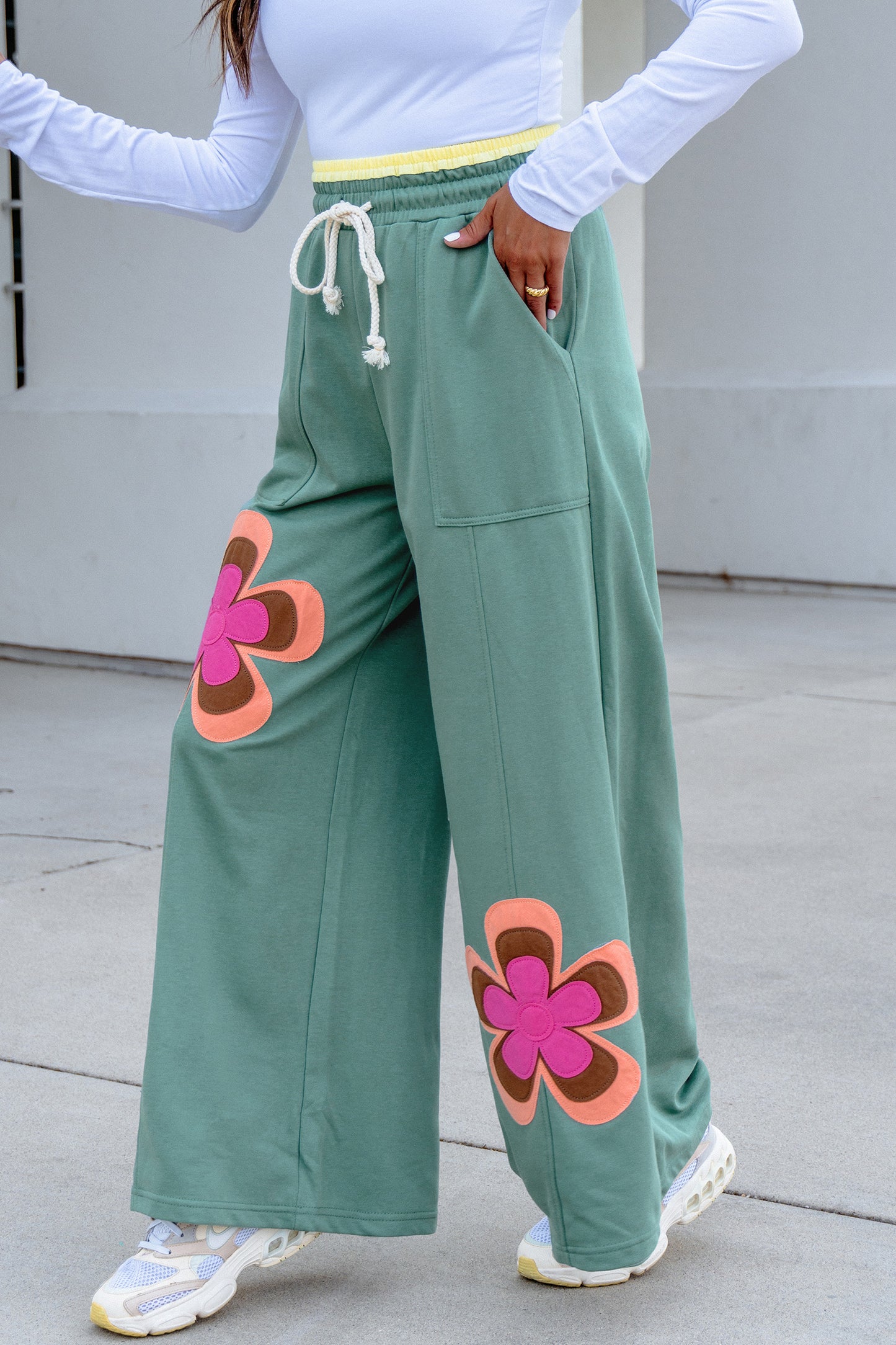 Sea Green Color Block Flower Patchwork Drawstring Contrasted Elastic Waist Wide Leg Pants-Bottoms/Pants & Culotte-[Adult]-[Female]-2022 Online Blue Zone Planet