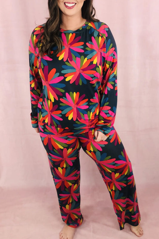 Black Plus Size Printed Long Sleeve and Pants Lounge Set-Plus Size/Plus Size Loungewear-[Adult]-[Female]-Black-1X-2022 Online Blue Zone Planet