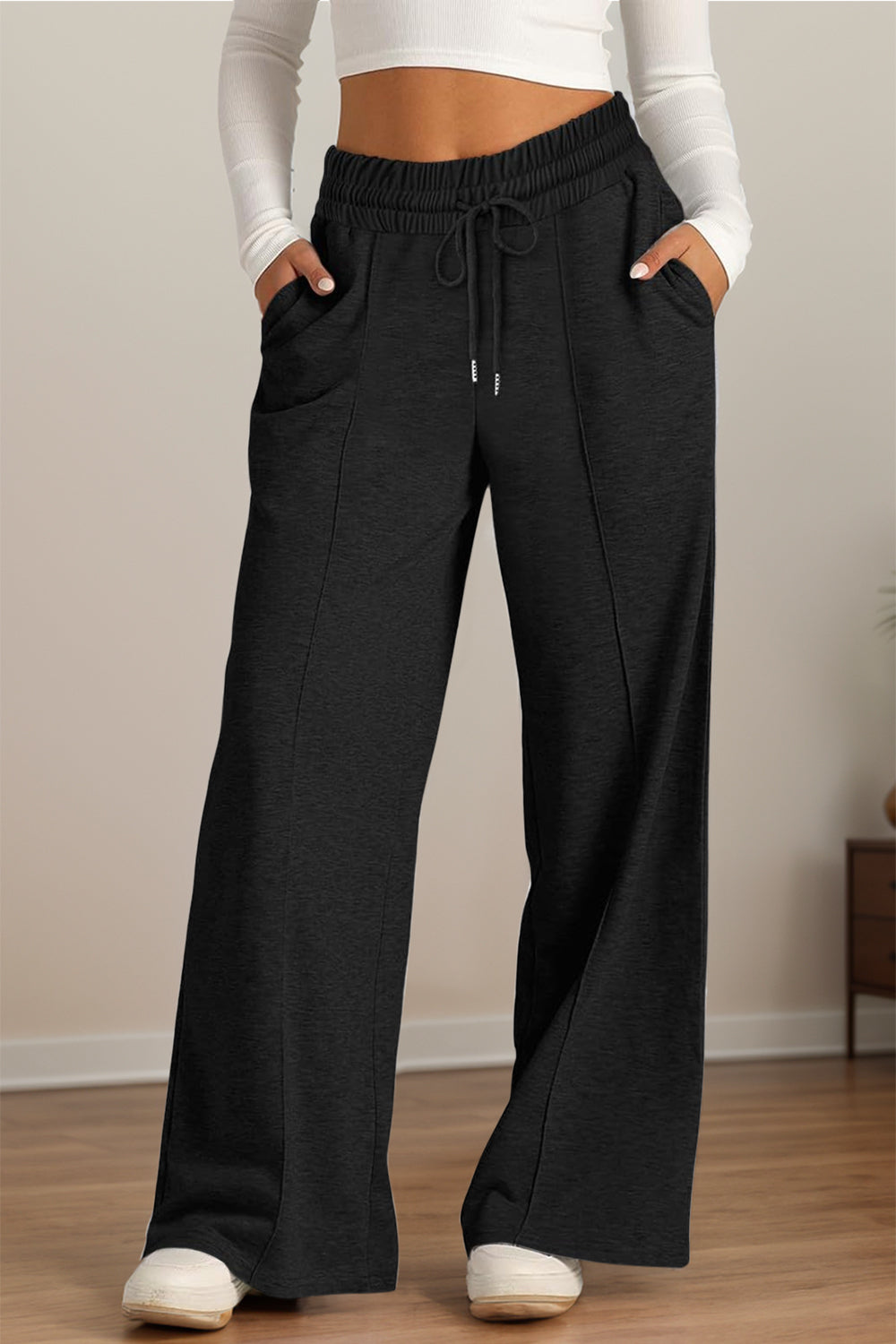 Drawstring Elastic Waist Wide Leg Pants-BOTTOMS SIZES SMALL MEDIUM LARGE-[Adult]-[Female]-Black-S-2022 Online Blue Zone Planet