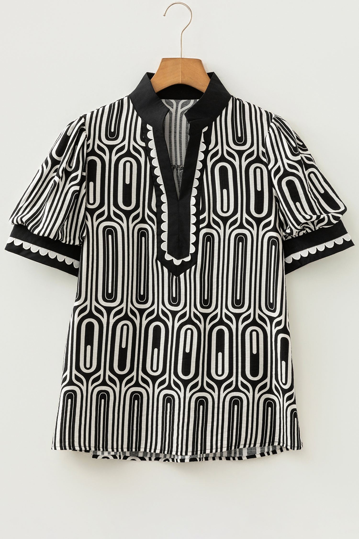 Black Geometric Print Contrast Scallop Color Block Patchwork Short Sleeve Blouse-Tops/Blouses & Shirts-[Adult]-[Female]-2022 Online Blue Zone Planet
