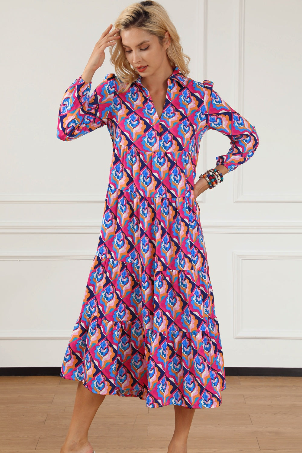 Printed Collared Neck Long Sleeve Midi Dress-TOPS / DRESSES-[Adult]-[Female]-Vivid Violet-S-2022 Online Blue Zone Planet