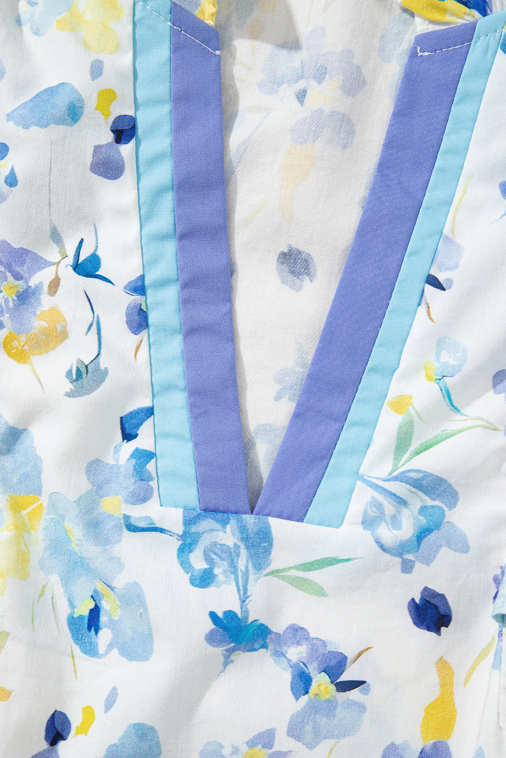 Sky Blue Floral Print Frilled Notched V Neck Blouse-Tops/Blouses & Shirts-[Adult]-[Female]-2022 Online Blue Zone Planet