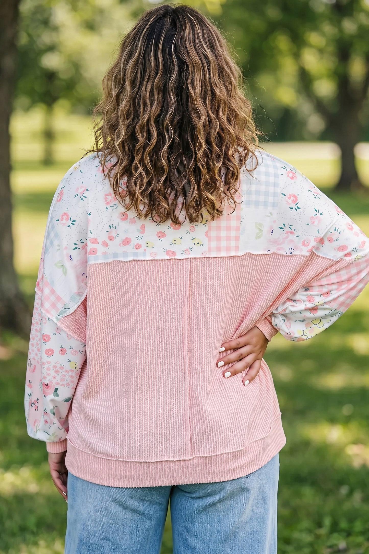 Pink Patchwork Floral Print Long Sleeve Tunic Plus Size Blouse-Plus Size/Plus Size Tops/Plus Size Long Sleeve Tops-[Adult]-[Female]-2022 Online Blue Zone Planet