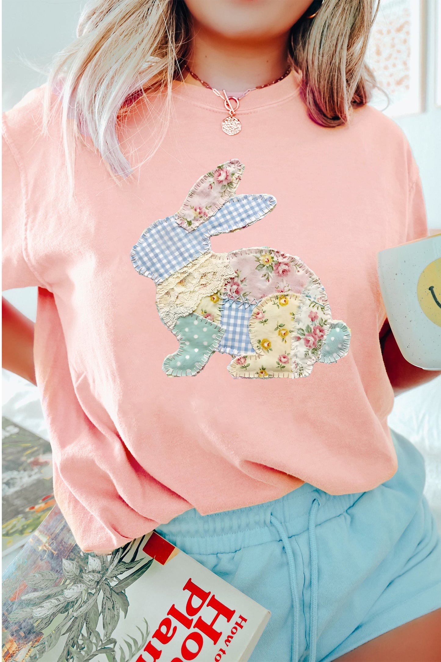 Pink Vibrant Easter Bunny Patchwork Printed T Shirt-Graphic/Graphic Tees-[Adult]-[Female]-2022 Online Blue Zone Planet