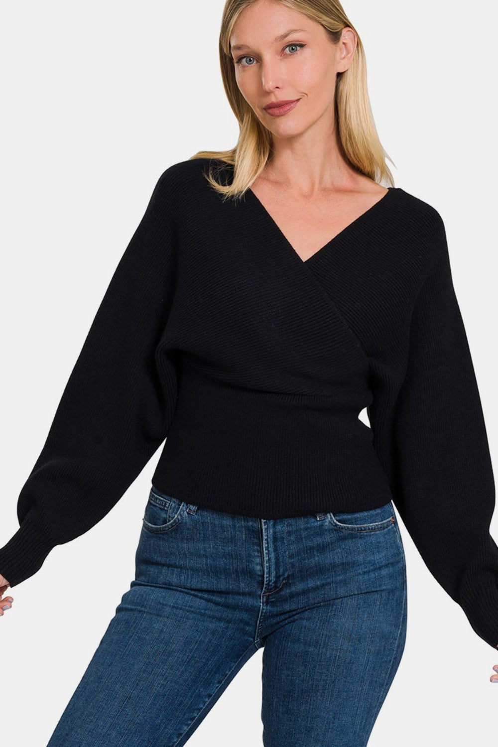 Blue Zone Planet | Zenana Cross Wrap Rib Long Sleeve Sweater-TOPS / DRESSES-[Adult]-[Female]-2022 Online Blue Zone Planet