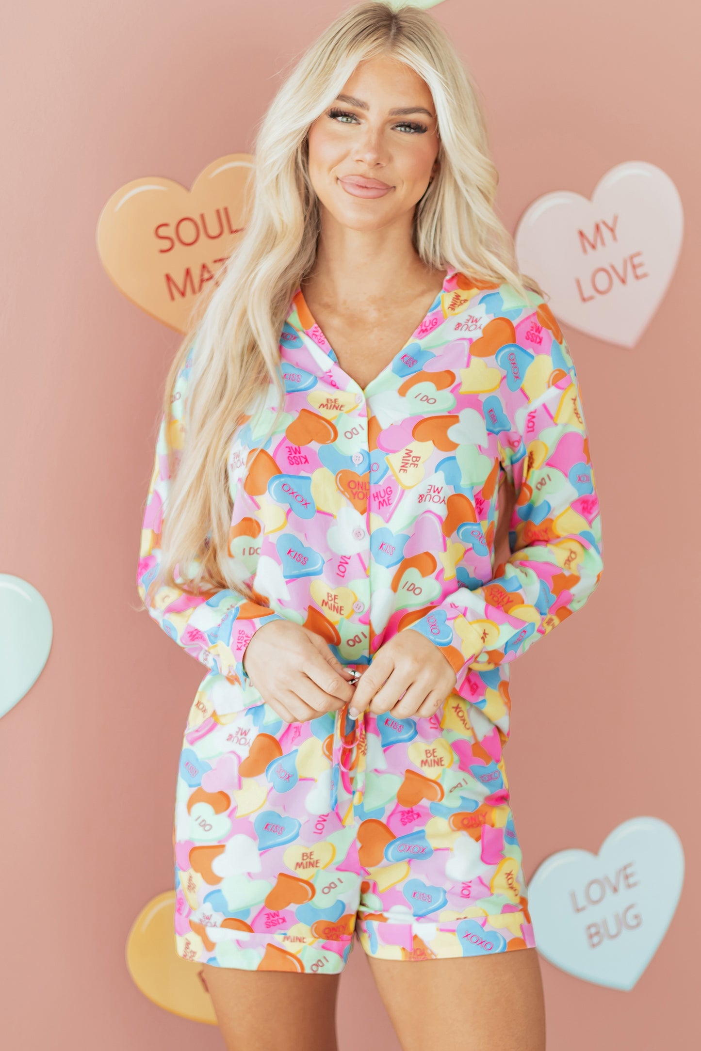 Pink Valentines Candy Heart V Neck Collared Tunic Shirt and Shorts 2pcs Pajama Set-Loungewear & Sleepwear/Loungewear-[Adult]-[Female]-2022 Online Blue Zone Planet