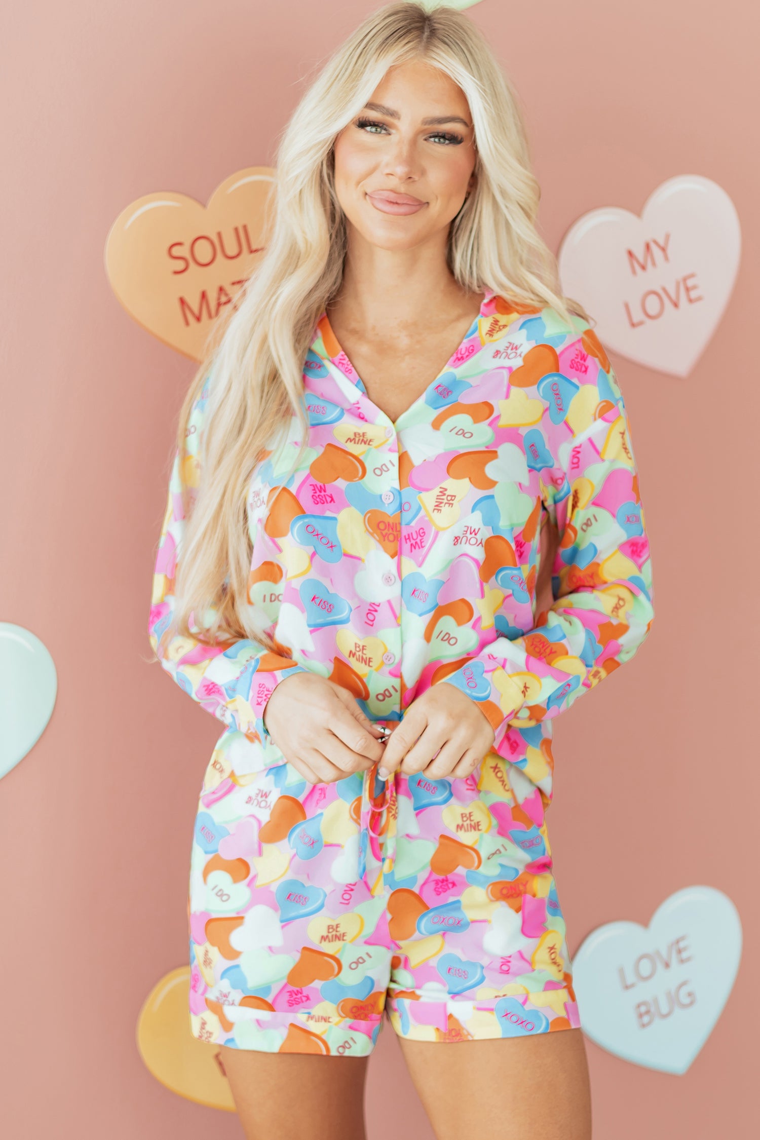 Pink Valentines Candy Heart V Neck Collared Tunic Shirt and Shorts 2pcs Pajama Set-Loungewear & Sleepwear/Loungewear-[Adult]-[Female]-2022 Online Blue Zone Planet