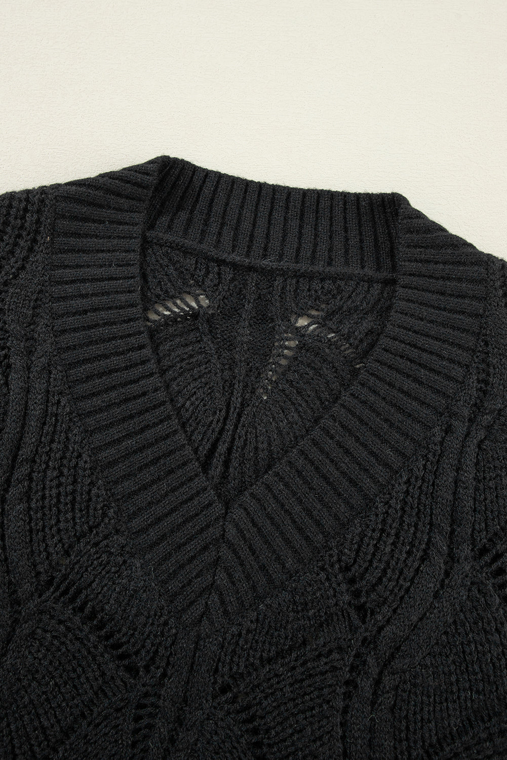 Black Hollow Out Knit V Neck Drop Shoulder Sweater-Sweaters & Cardigans/Sweaters-[Adult]-[Female]-2022 Online Blue Zone Planet