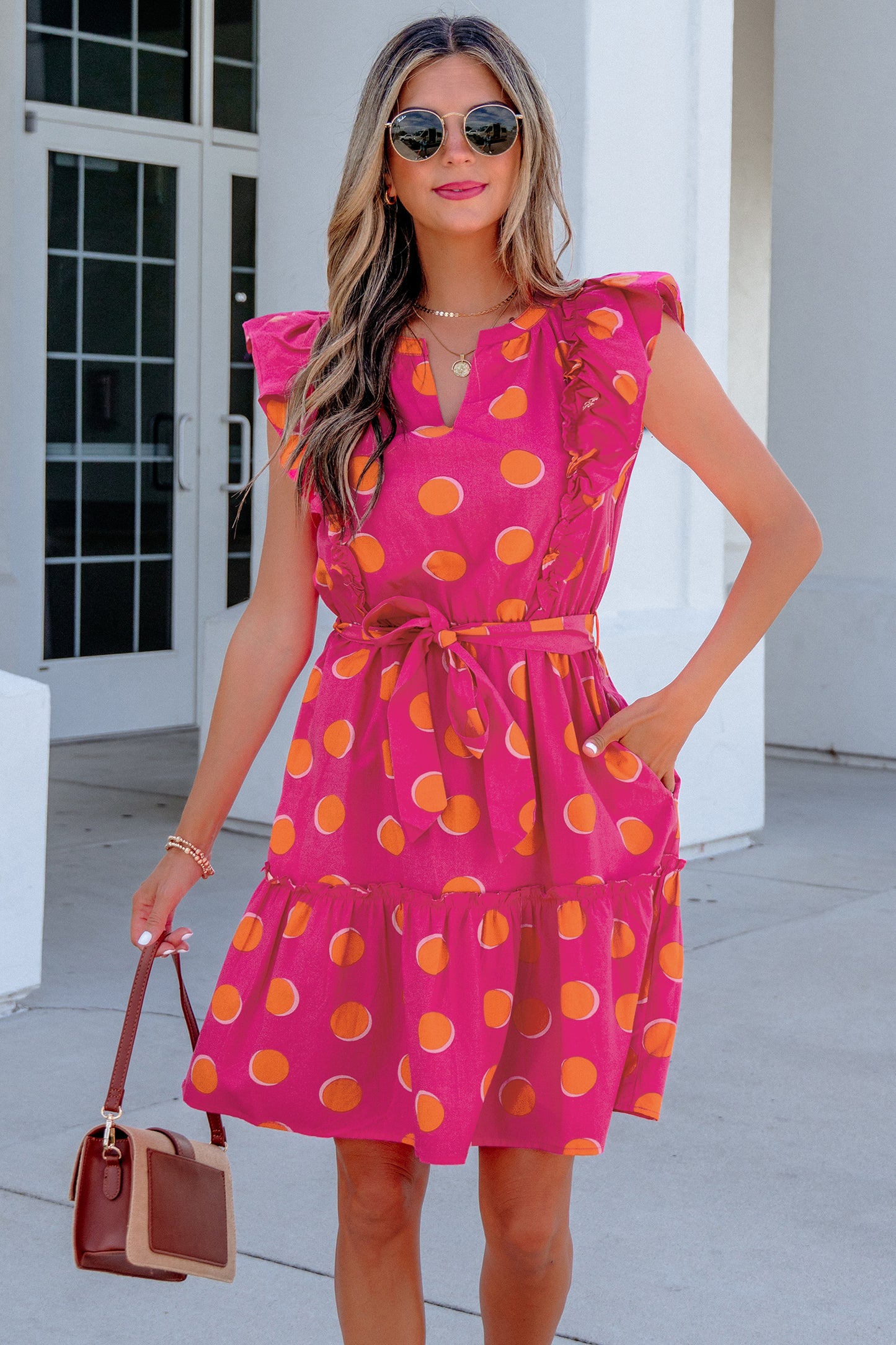 Rose Double Polka Dot V Neck Ruffled Short Sleeve Dress-TOPS / DRESSES-[Adult]-[Female]-2022 Online Blue Zone Planet