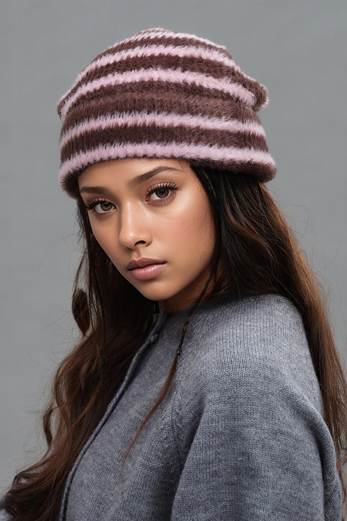 Blue Zone Planet | Fuzzy Contrast Striped Thermal Hat-HATS-[Adult]-[Female]-Brown/Pink-One Size-2022 Online Blue Zone Planet