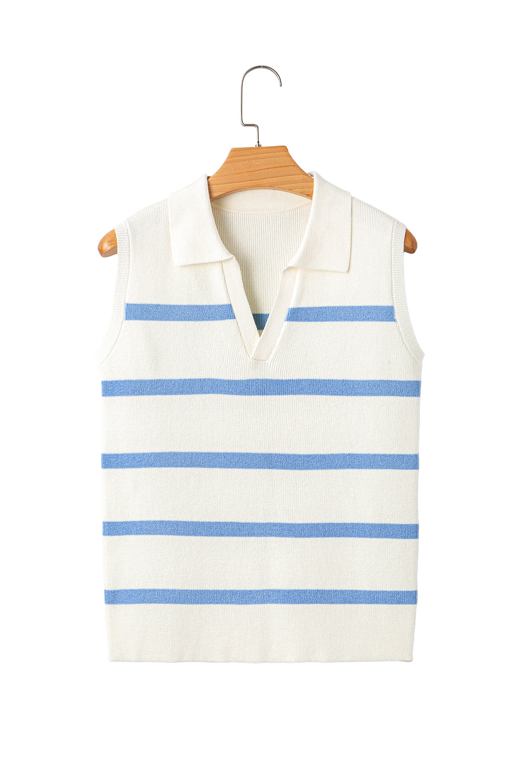 Sky Blue Stripe Split V Neck Collared Ribbed Sweater Vest-TOPS / DRESSES-[Adult]-[Female]-2022 Online Blue Zone Planet