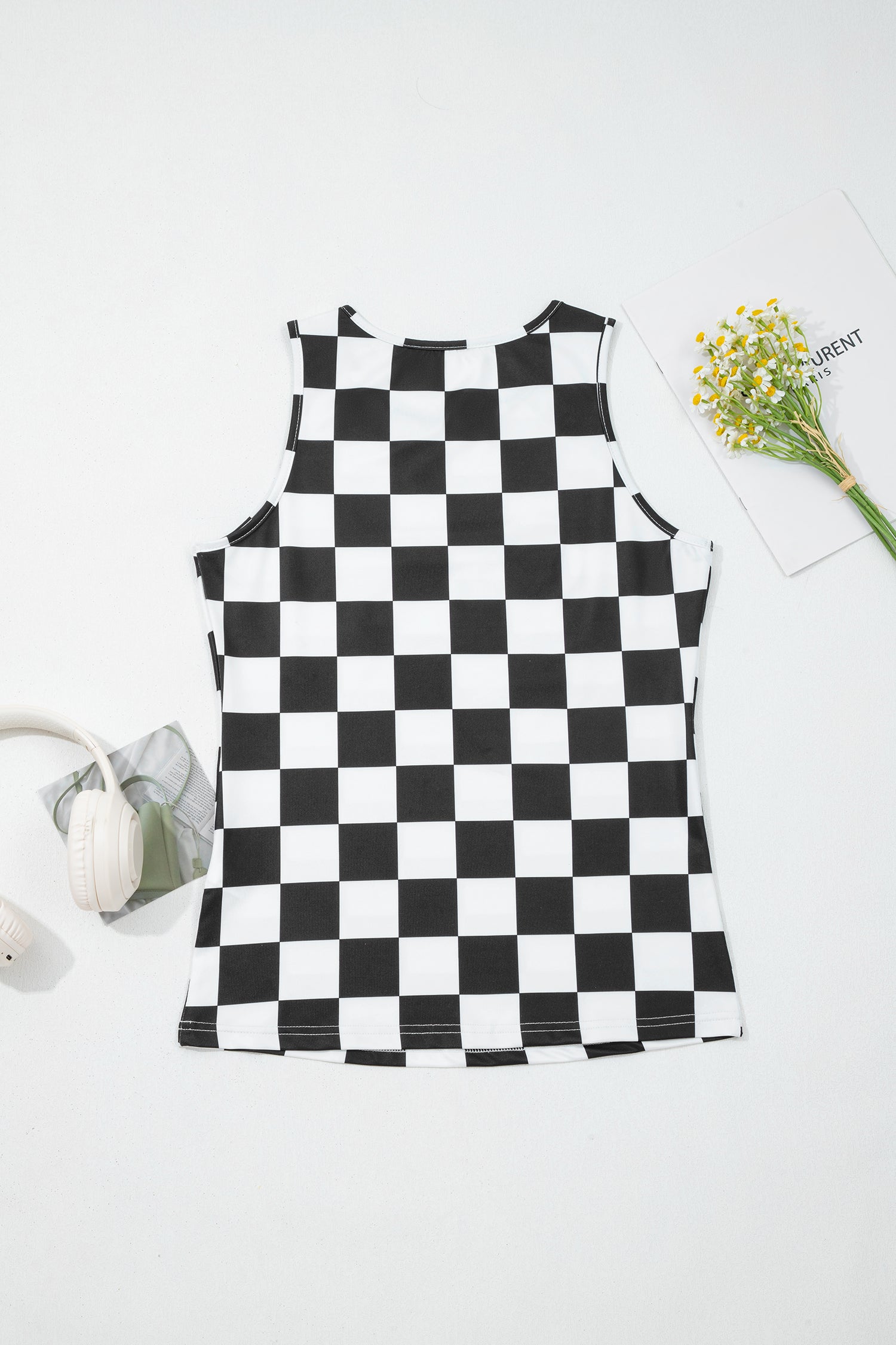 Black Checkerboard Printed Slim Tank Top-Tops/Tank Tops-[Adult]-[Female]-2022 Online Blue Zone Planet