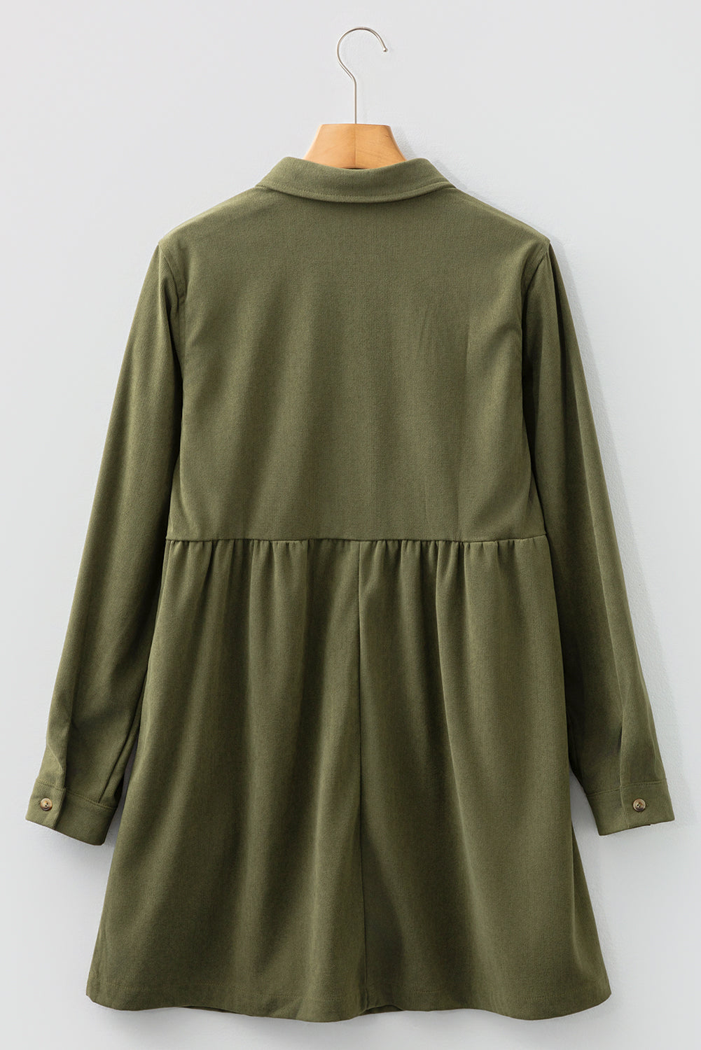 Vineyard Green Corduroy Half Button Collared Long Sleeve Mini Dress-Dresses/Mini Dresses-[Adult]-[Female]-2022 Online Blue Zone Planet