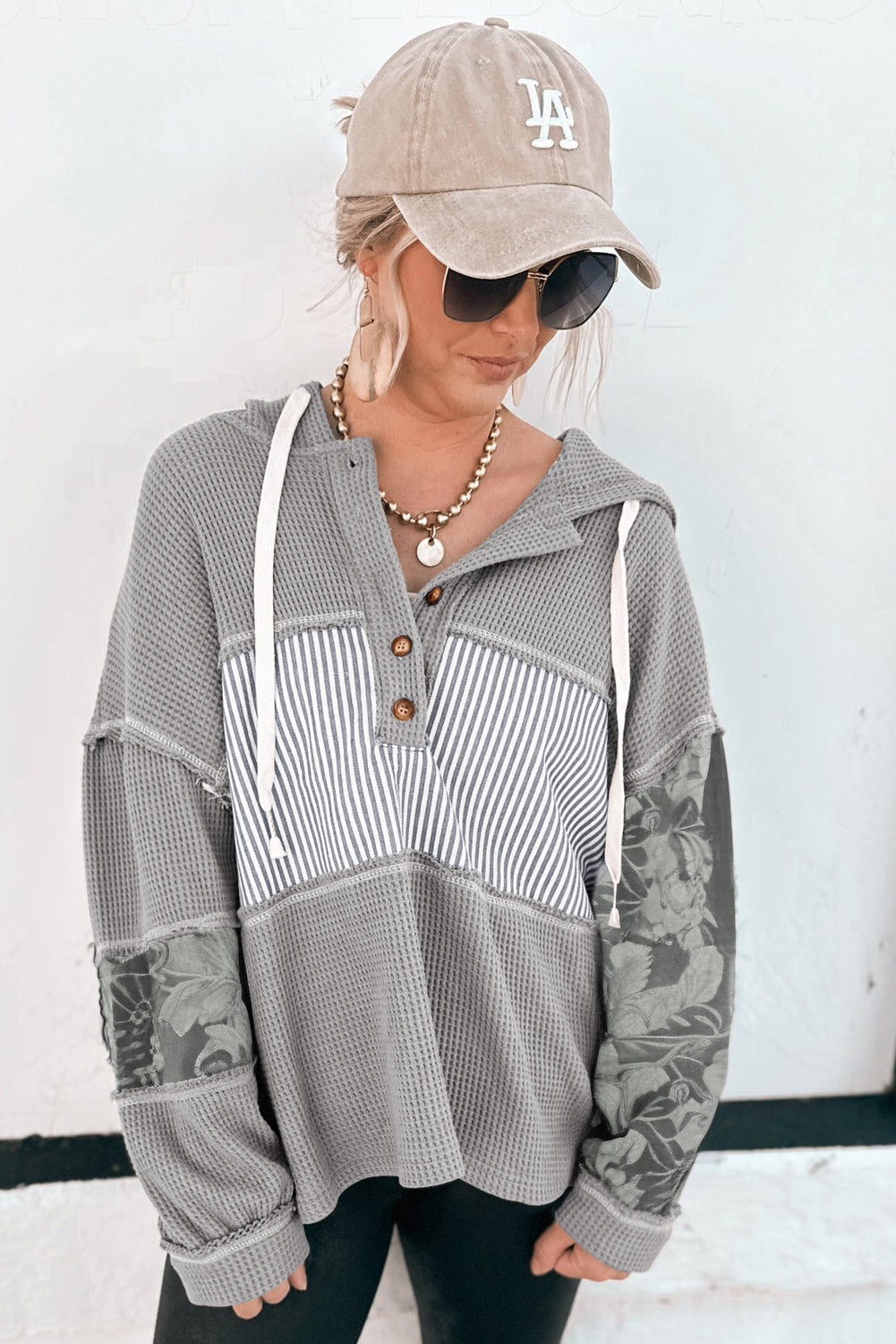 Gray Waffle Printed Patchwork Drawstring Hooded Long Sleeve Top-Tops / Dresses-[Adult]-[Female]-2022 Online Blue Zone Planet