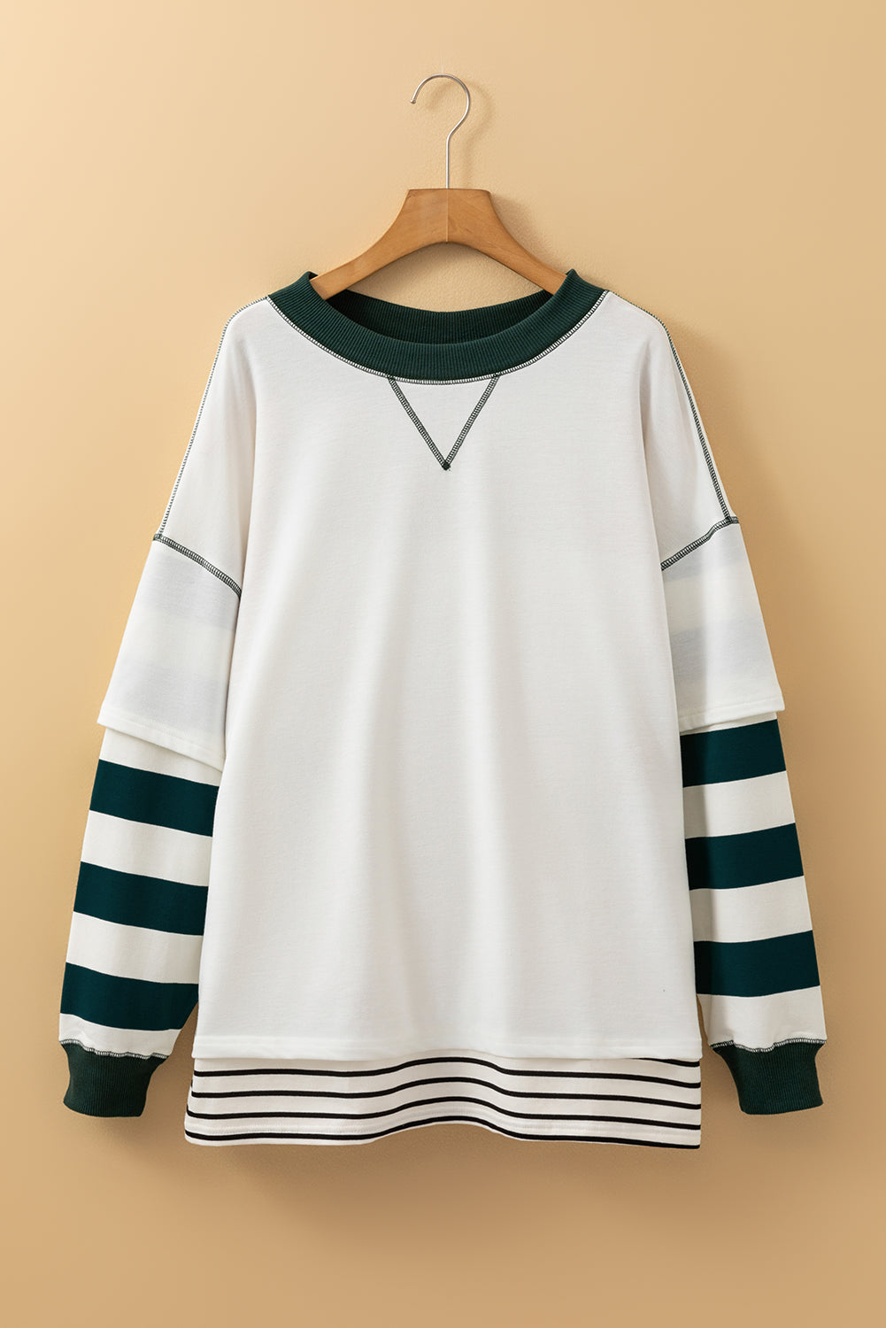 Blue Zone Planet | White Stripe Colorblock Sleeve Exposed Seam Fake-2-Piece Sweatshirt-Tops/Sweatshirts & Hoodies-[Adult]-[Female]-2022 Online Blue Zone Planet