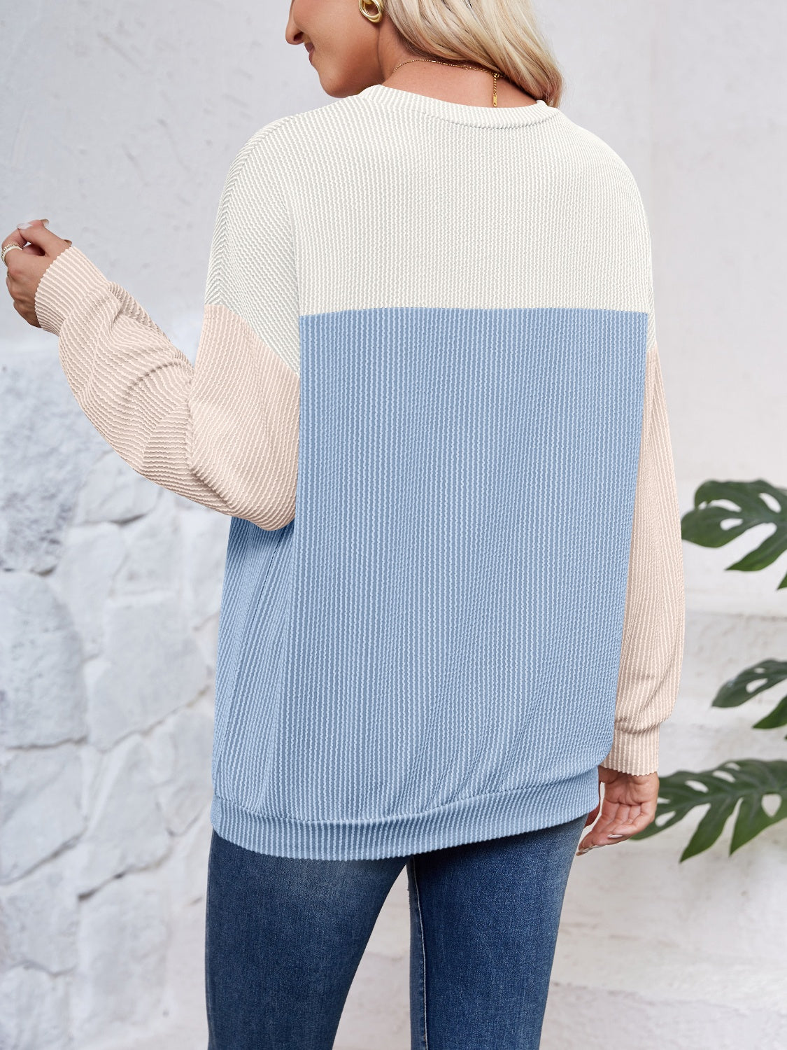 Blue Zone Planet | Lovelet Color Block Round Neck Long Sleeve Sweatshirt-TOPS / DRESSES-[Adult]-[Female]-2022 Online Blue Zone Planet