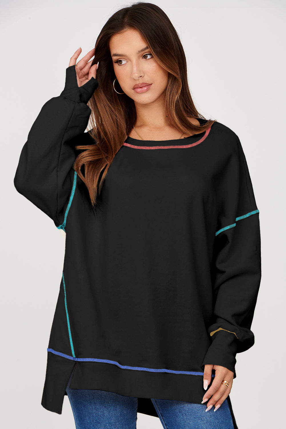 Black Contrast Stitching Split Baggy Sweatshirt-Tops/Sweatshirts & Hoodies-[Adult]-[Female]-2022 Online Blue Zone Planet