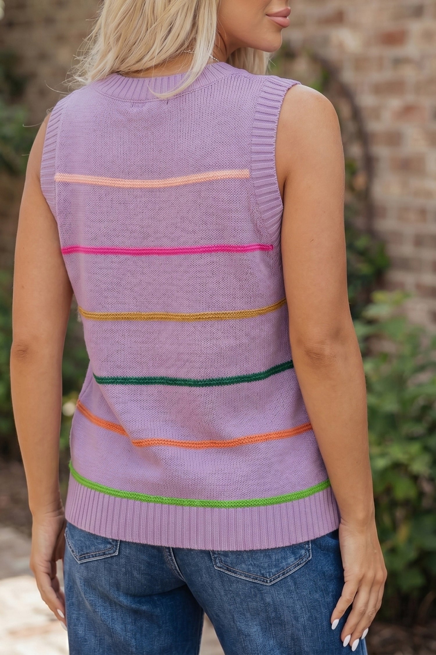 Sky Blue Stripe Round Neck Knitted Sweater Tank-TOPS / DRESSES-[Adult]-[Female]-2022 Online Blue Zone Planet