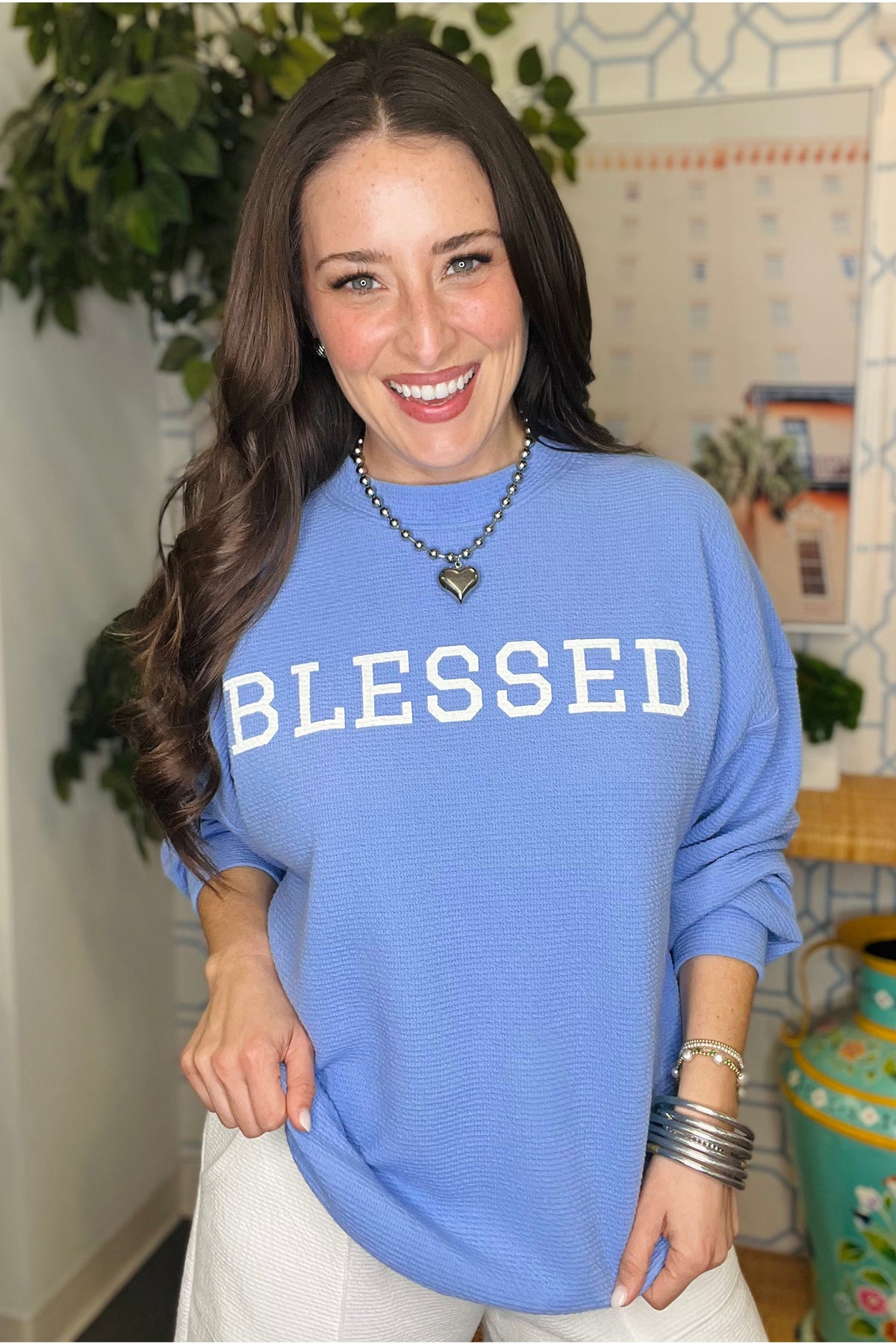 Beau Blue Faith Slogan Printed Solid Color Textured Crewneck Long Sleeve Top-Tops/Long Sleeve Tops-[Adult]-[Female]-2022 Online Blue Zone Planet
