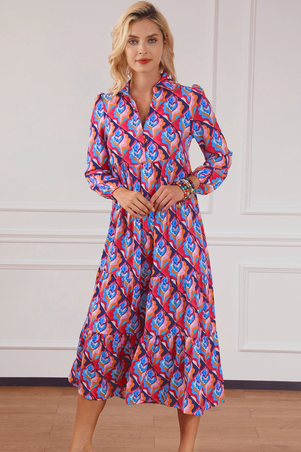 Printed Collared Neck Long Sleeve Midi Dress-TOPS / DRESSES-[Adult]-[Female]-2022 Online Blue Zone Planet