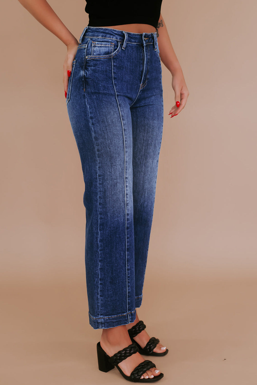 Navy Blue Plus Size Seamed Wide Leg High Waist Jeans-Plus Size/Plus Size Bottoms-[Adult]-[Female]-2022 Online Blue Zone Planet