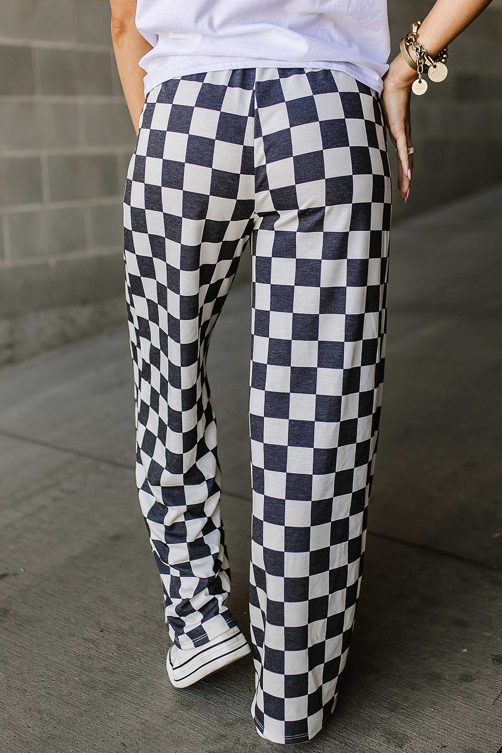 Black 2-Tone Checked Print High Waist Wide Leg Pants-Bottoms/Pants & Culotte-[Adult]-[Female]-2022 Online Blue Zone Planet