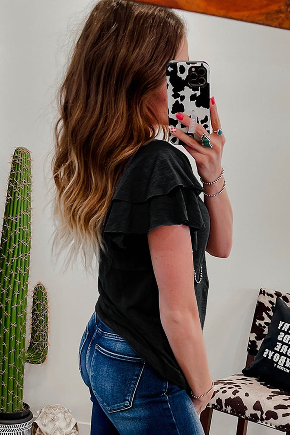 Black Layered Ruffle Short Sleeve Round Neck Top-Tops/Tops & Tees-[Adult]-[Female]-2022 Online Blue Zone Planet