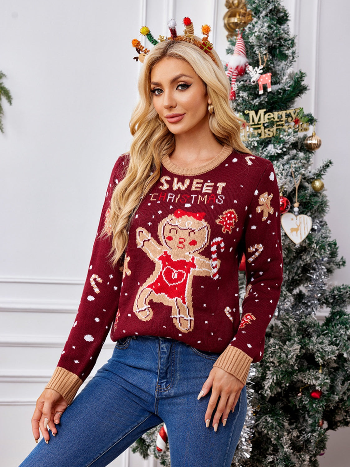 Gingerbread Round Neck Long Sleeve Sweater-TOPS / DRESSES-[Adult]-[Female]-2022 Online Blue Zone Planet