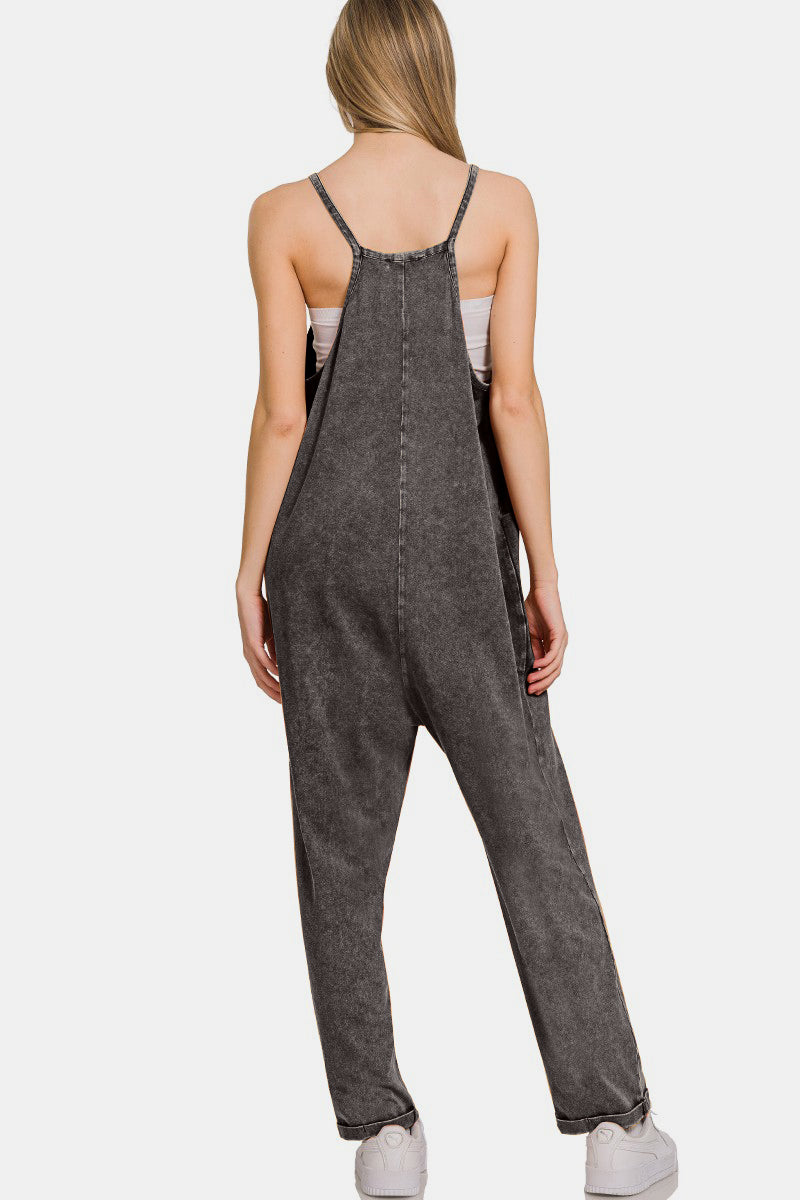 Blue Zone Planet | Zenana Washed Spaghetti Straps Overalls with Pockets-TOPS / DRESSES-[Adult]-[Female]-2022 Online Blue Zone Planet