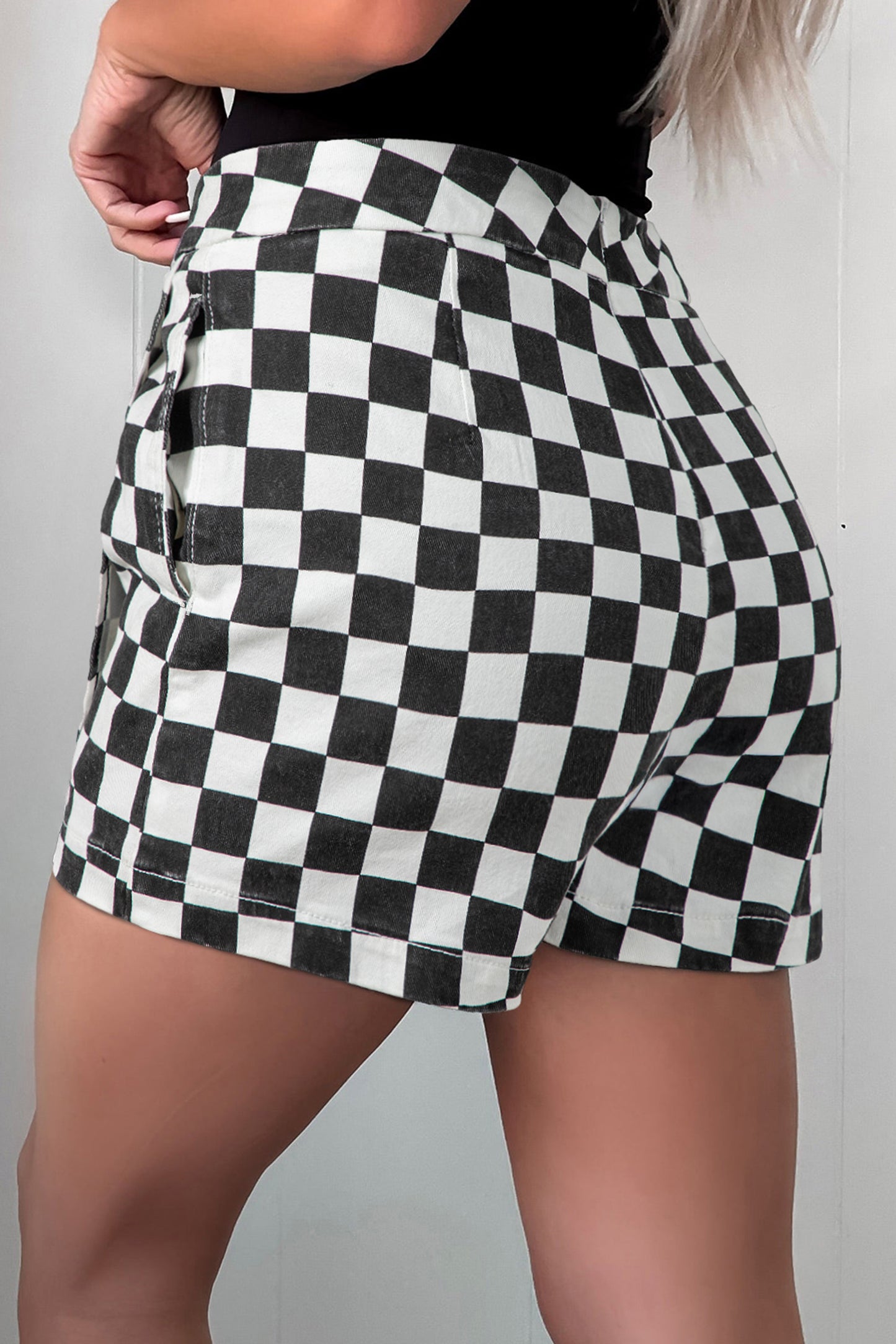 Black Checkered Print Overlap Denim Shorts-Bottoms/Denim Shorts-[Adult]-[Female]-2022 Online Blue Zone Planet