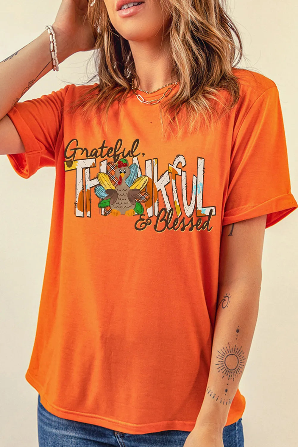 Graphic Round Neck Short Sleeve T-Shirt-TOPS / DRESSES-[Adult]-[Female]-Orange-S-2022 Online Blue Zone Planet