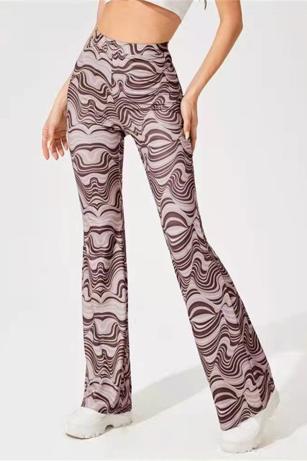 Printed High Waist Flare Pants-[Adult]-[Female]-2022 Online Blue Zone Planet