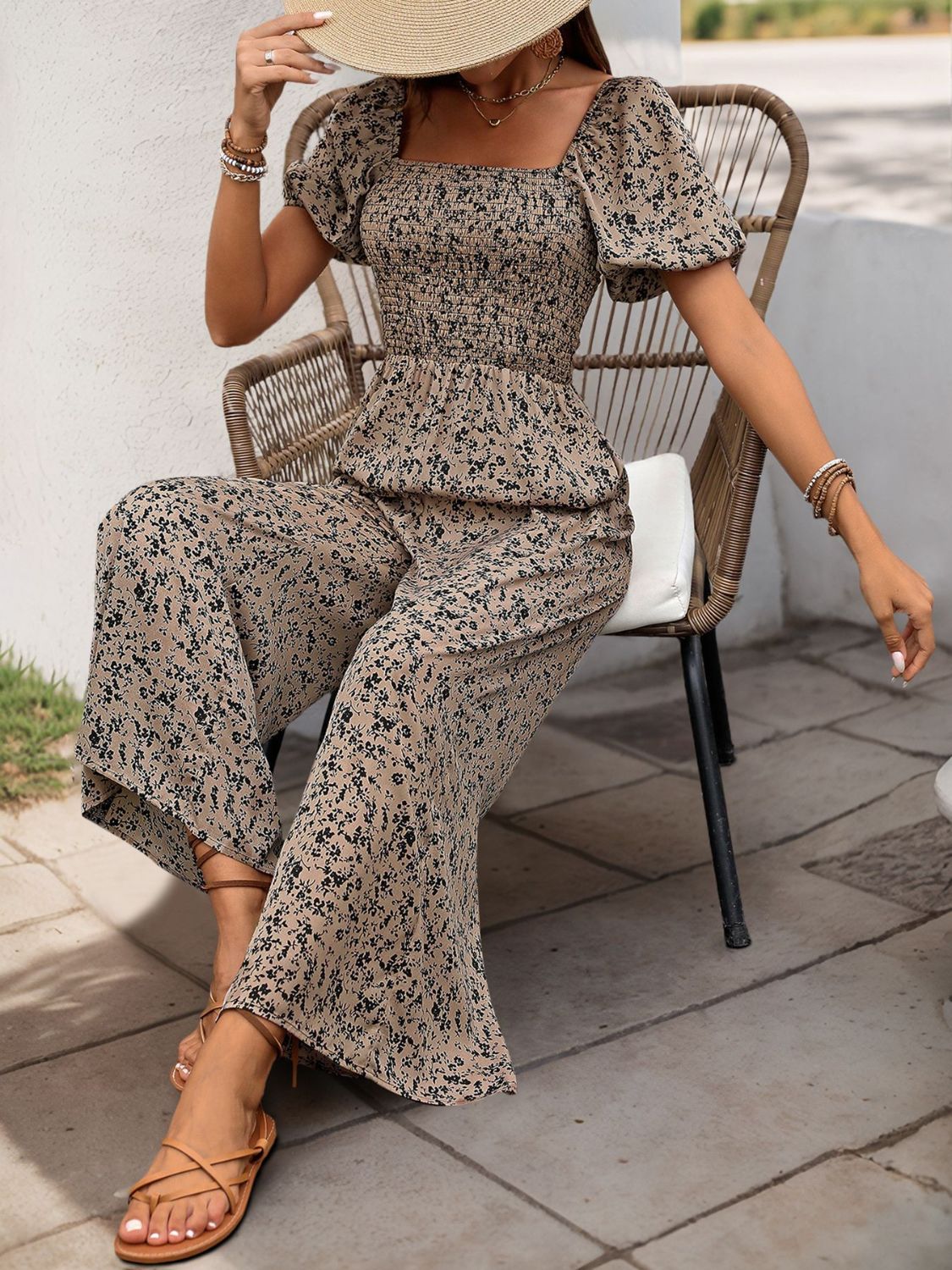 Perfee Smocked Printed Square Neck Puff Sleeve Jumpsuit-TOPS / DRESSES-[Adult]-[Female]-2022 Online Blue Zone Planet