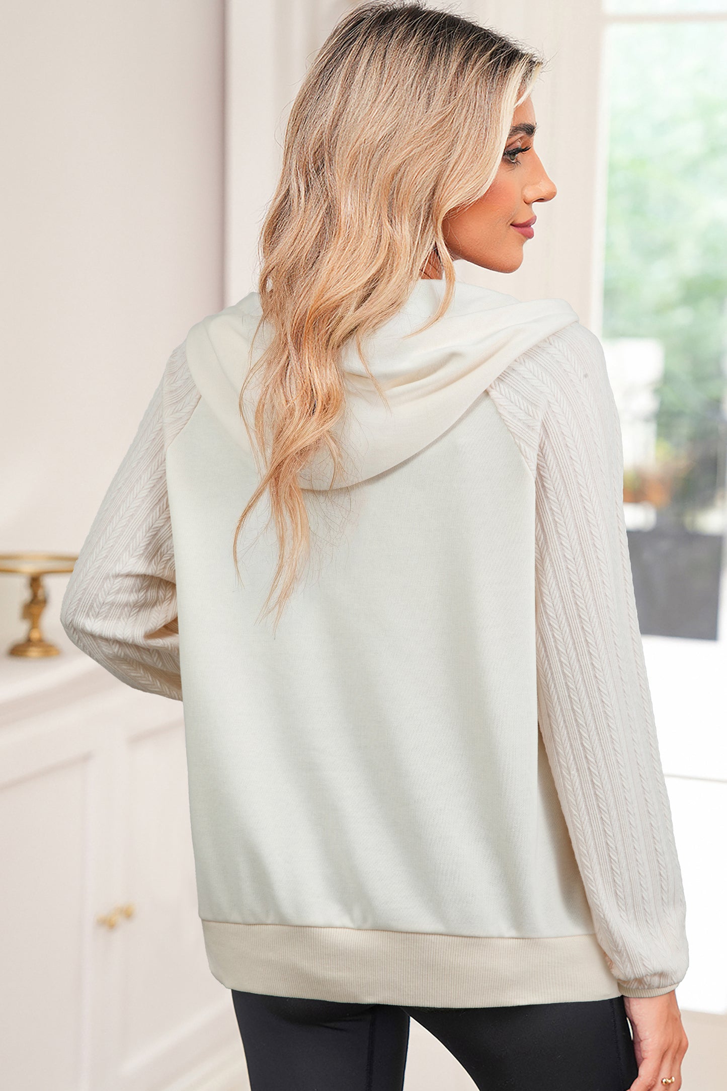 Beige Solid Color Textured Sleeve Patchwork Half Zip Hoodie-Tops / Dresses-[Adult]-[Female]-2022 Online Blue Zone Planet