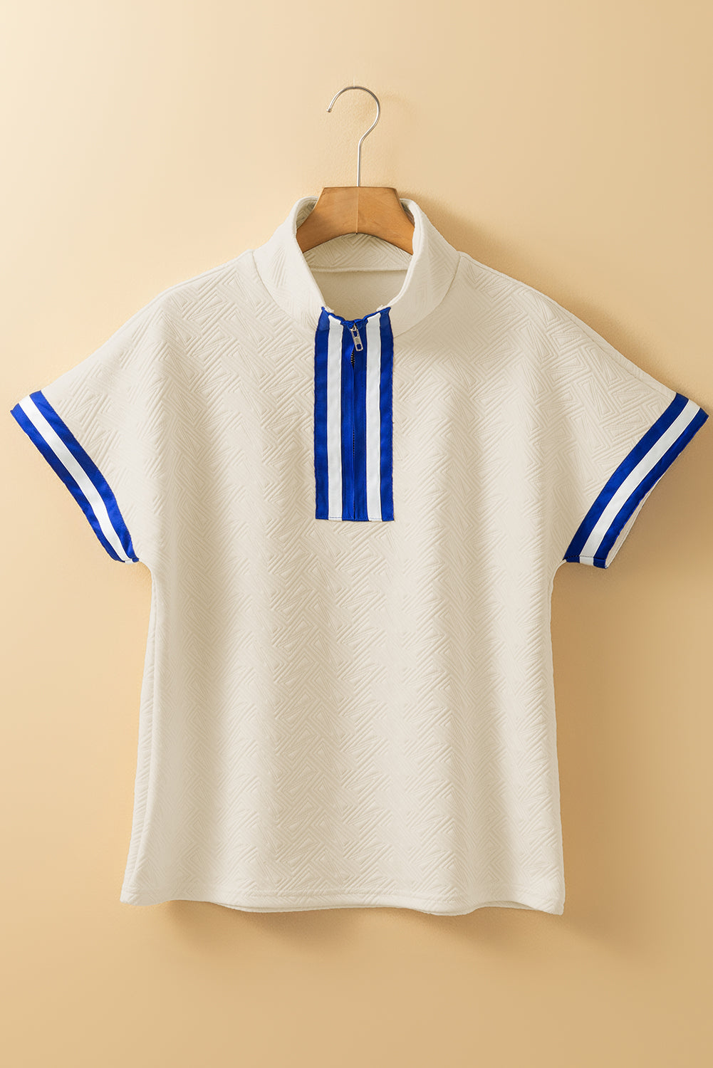 Beige Preppy Striped Trim Textured Quarter Zipper Colorblock Short Sleeve Top-Tops/Blouses & Shirts-[Adult]-[Female]-2022 Online Blue Zone Planet