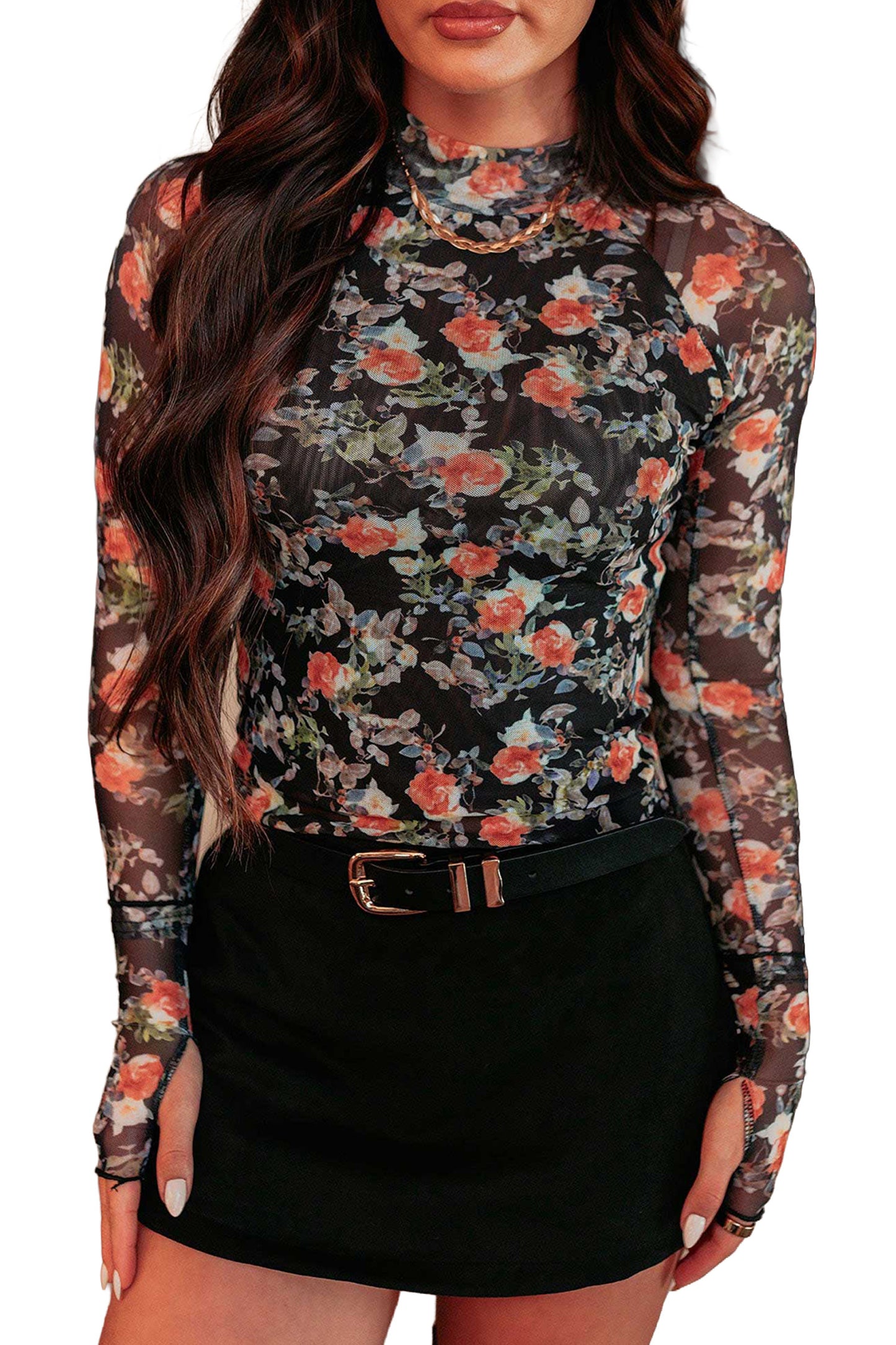 Black Floral Print Mesh Thumb Hole Long Sleeve Mock Neck Pullover Top