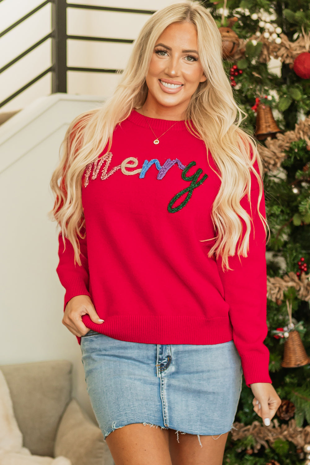 Fiery Red Tinsel Merry Letter Drop Shoulder Baggy Sweater-Sweaters & Cardigans/Sweaters-[Adult]-[Female]-2022 Online Blue Zone Planet