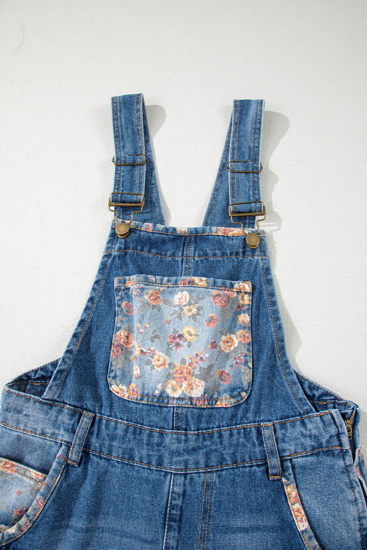 Peacock Blue Floral Patchwork Bib Denim Wide Leg Overalls-Bottoms/Jumpsuits & Rompers-[Adult]-[Female]-2022 Online Blue Zone Planet