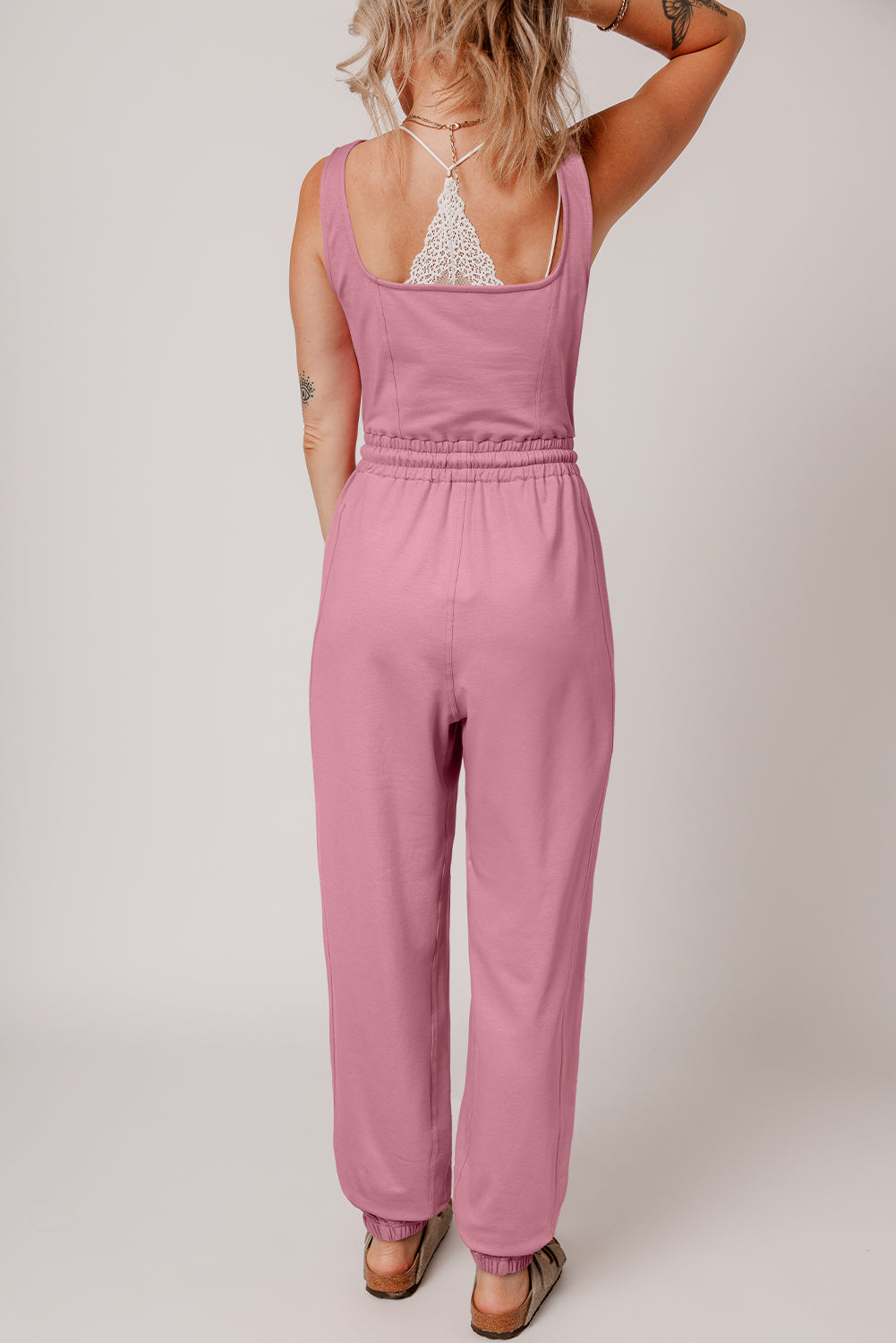 Light Pink Lace-up Elastic Waist Sleeveless Square Neck Jumpsuit-Bottoms/Jumpsuits & Rompers-[Adult]-[Female]-2022 Online Blue Zone Planet