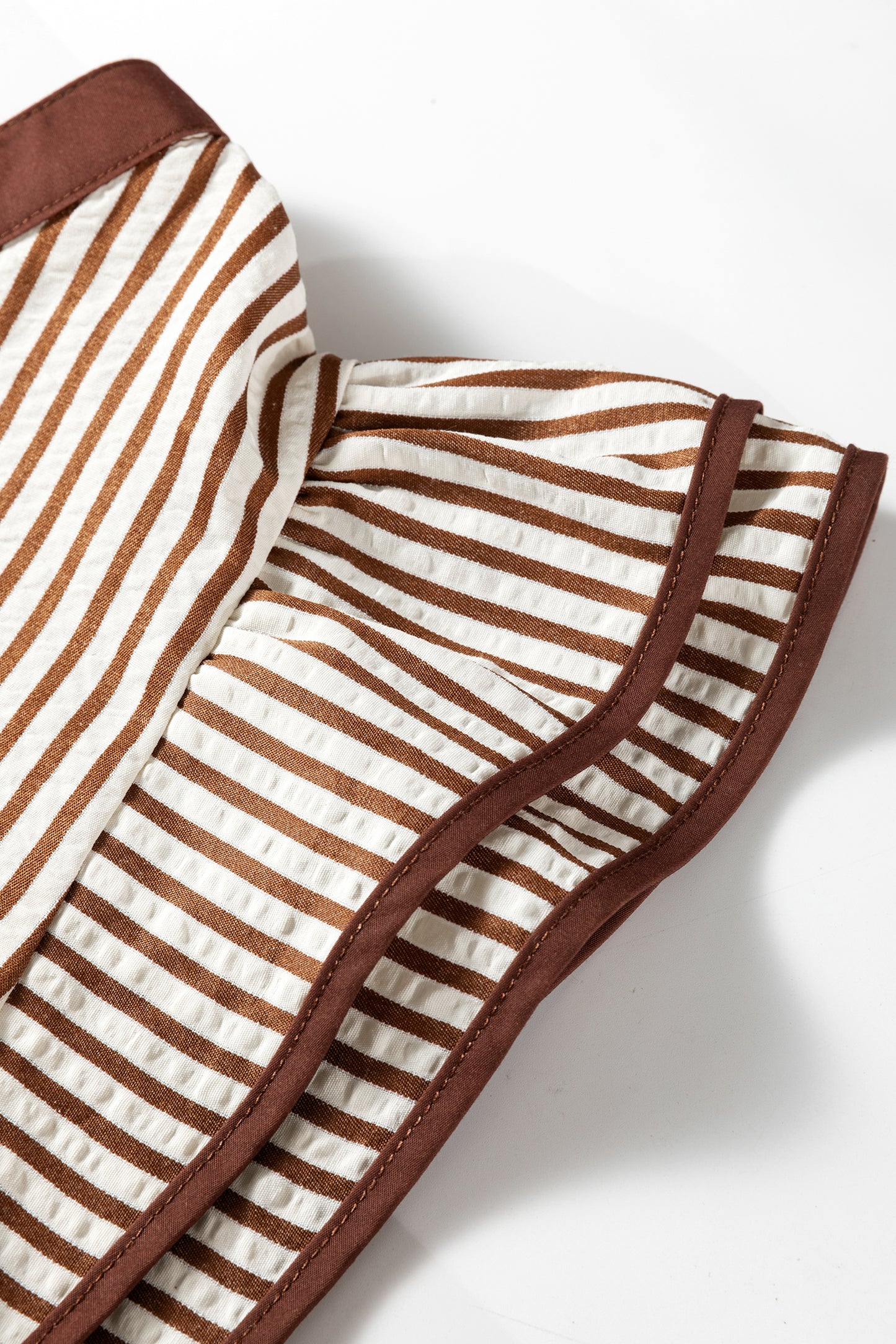Khaki Stripe Double Ruffled Short Sleeve V Neck Blouse-Tops/Blouses & Shirts-[Adult]-[Female]-2022 Online Blue Zone Planet