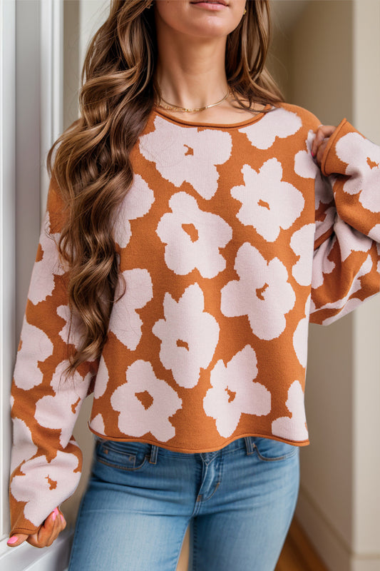 Flower Round Neck Long Sleeve Knit Top-TOPS / DRESSES-[Adult]-[Female]-Ochre-S-2022 Online Blue Zone Planet