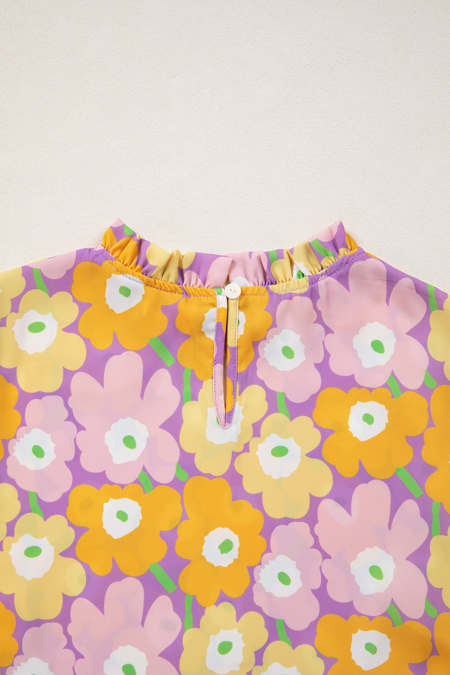 Purple Frilled Neck Puff Short Sleeve Flower Top-Tops/Blouses & Shirts-[Adult]-[Female]-2022 Online Blue Zone Planet