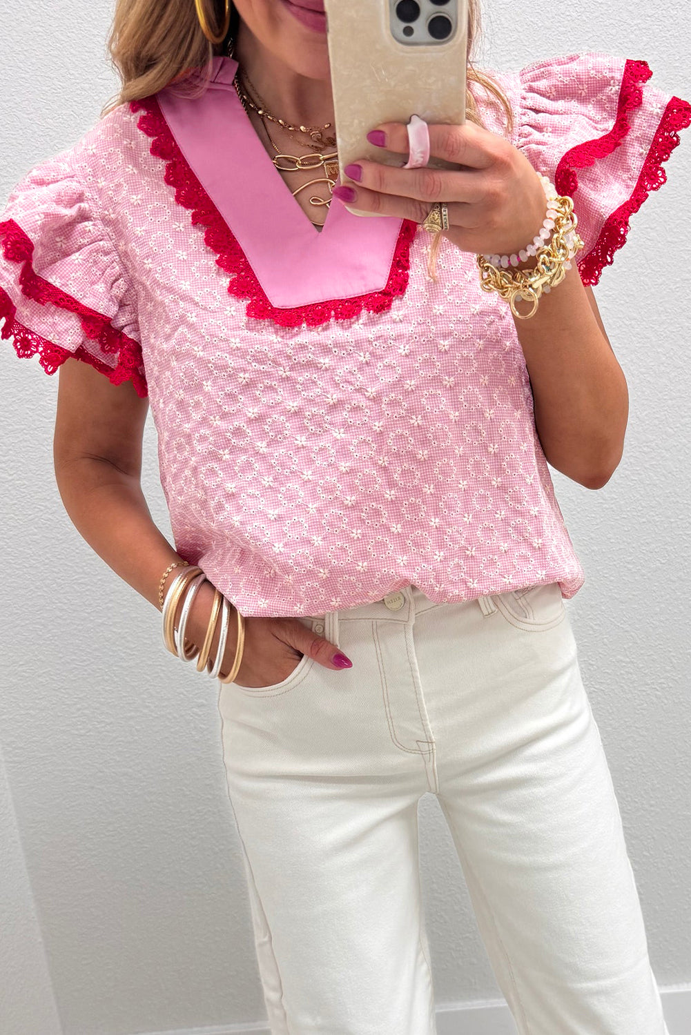 Pink Eyelet Embroidered Flower Texture Contrast Lace Trim Flutter Sleeve Blouse-Tops/Blouses & Shirts-[Adult]-[Female]-Pink-S-2022 Online Blue Zone Planet