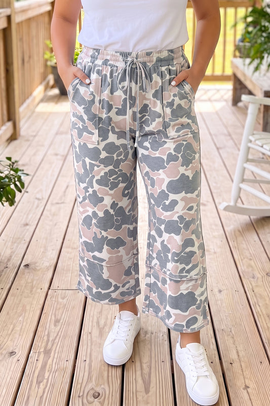 Khaki Camouflage Print Patch Pockets Ankle-Length Plus Size Pants-Plus Size/Plus Size Bottoms-[Adult]-[Female]-2022 Online Blue Zone Planet