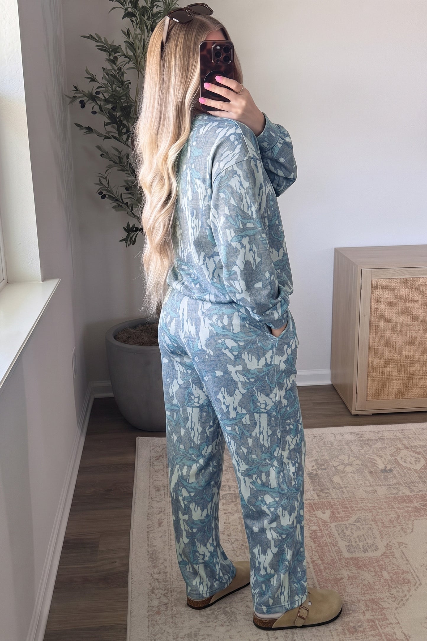 Pink Abstract Floral Print Loose Pullover Drawstring Pants 2pcs Set-Two Piece Sets/Pant Sets-[Adult]-[Female]-2022 Online Blue Zone Planet