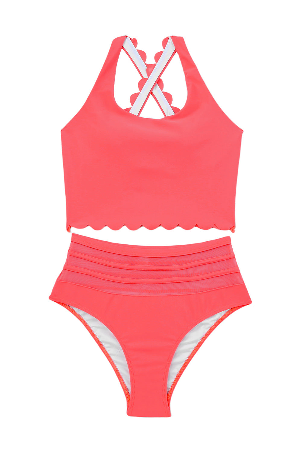 Blue Zone Planet |  Pink Scalloped Criss Cross High Waist Bikini Blue Zone Planet