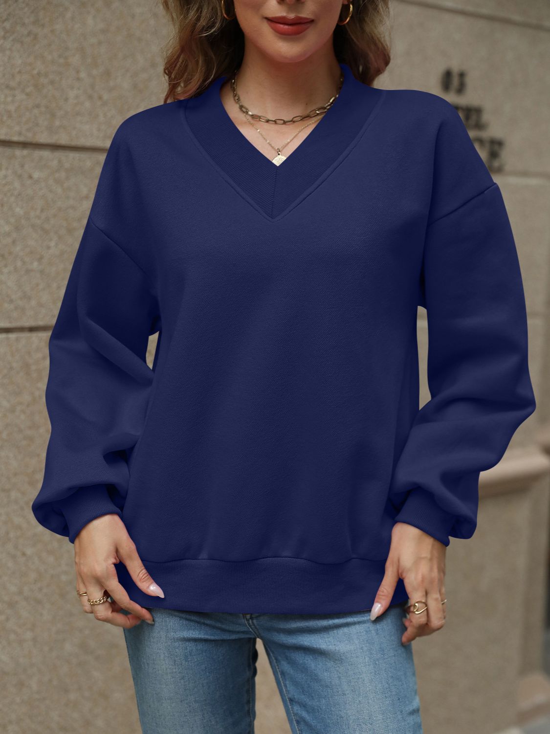 V-Neck Long Sleeve Dropped Shoulder Sweatshirt-TOPS / DRESSES-[Adult]-[Female]-2022 Online Blue Zone Planet